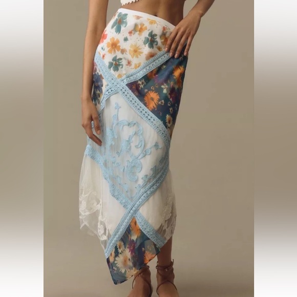 Anthropologie Printed Mermaid Maxi Skirt Embroider Mesh Floral Mix Blue Motif - Picture 2 of 7